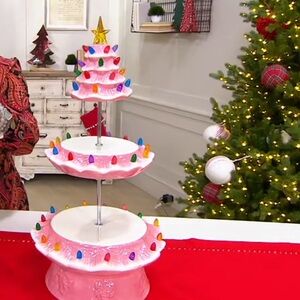 Mr Christmas Festive Pink Christmas Tree 3 Tiered Holiday Party Serving Stand